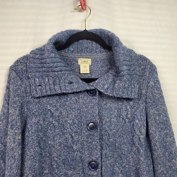 L.L. Bean Blue Cable Knit Marled Cardigan Sweater Wool Blend Medium - Picture 6 of 8